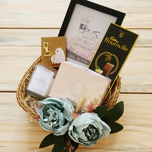 Happishades Women's Day Gift Hamper | Perfect Gift for Her | Customisable Gift Hamper | Hamper contains Photo Frame, Perfume, Handbag Charm, Froster Jar Scented Candle, Chocolate