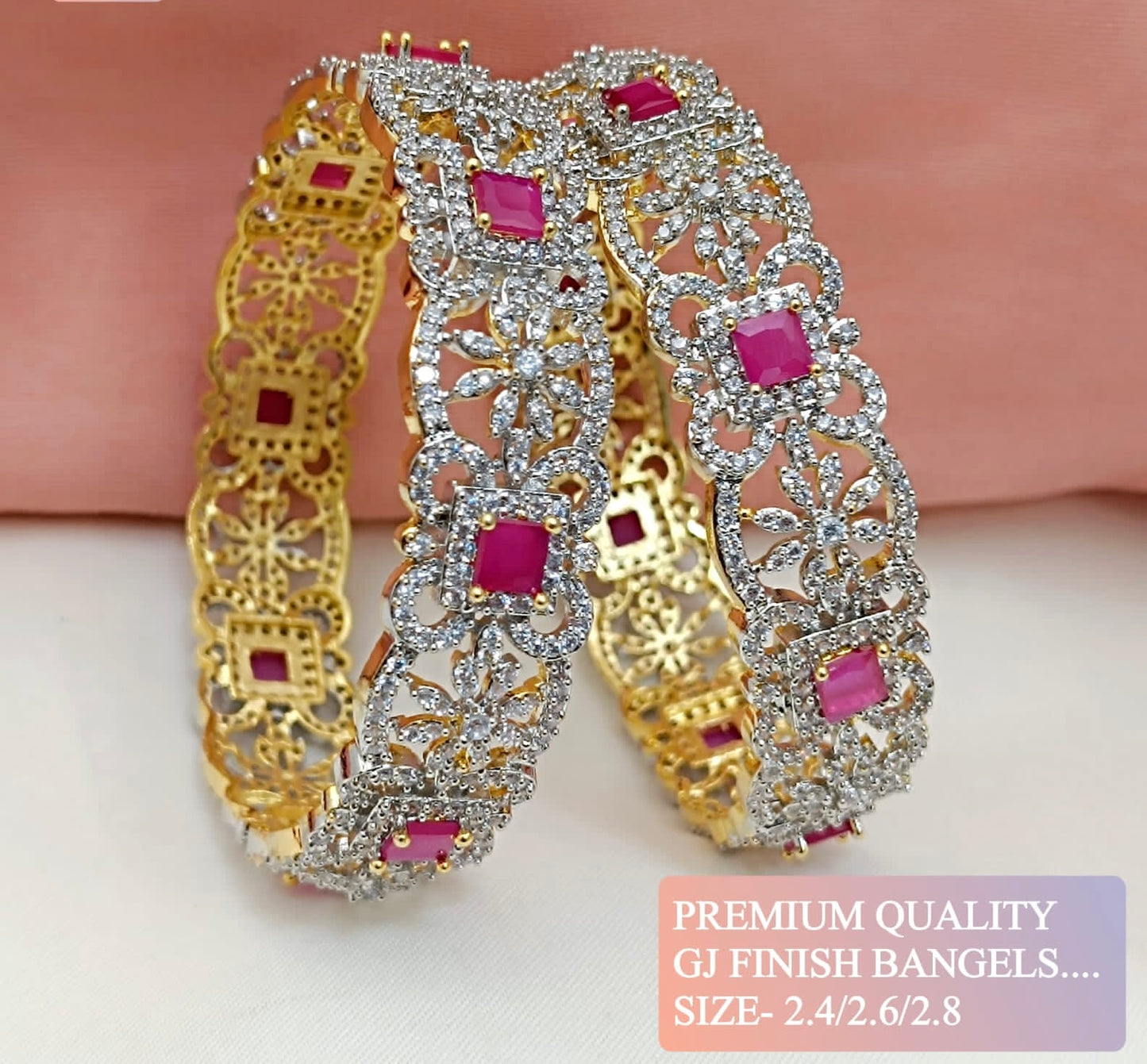 Beautiful Gj Polish Cz Bangles- Broad Pink Bangles -set of 2