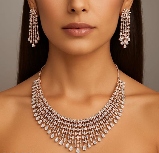 Stylish and Trendy Premium Cz Stone Choker Necklace Set -Gold Finish
