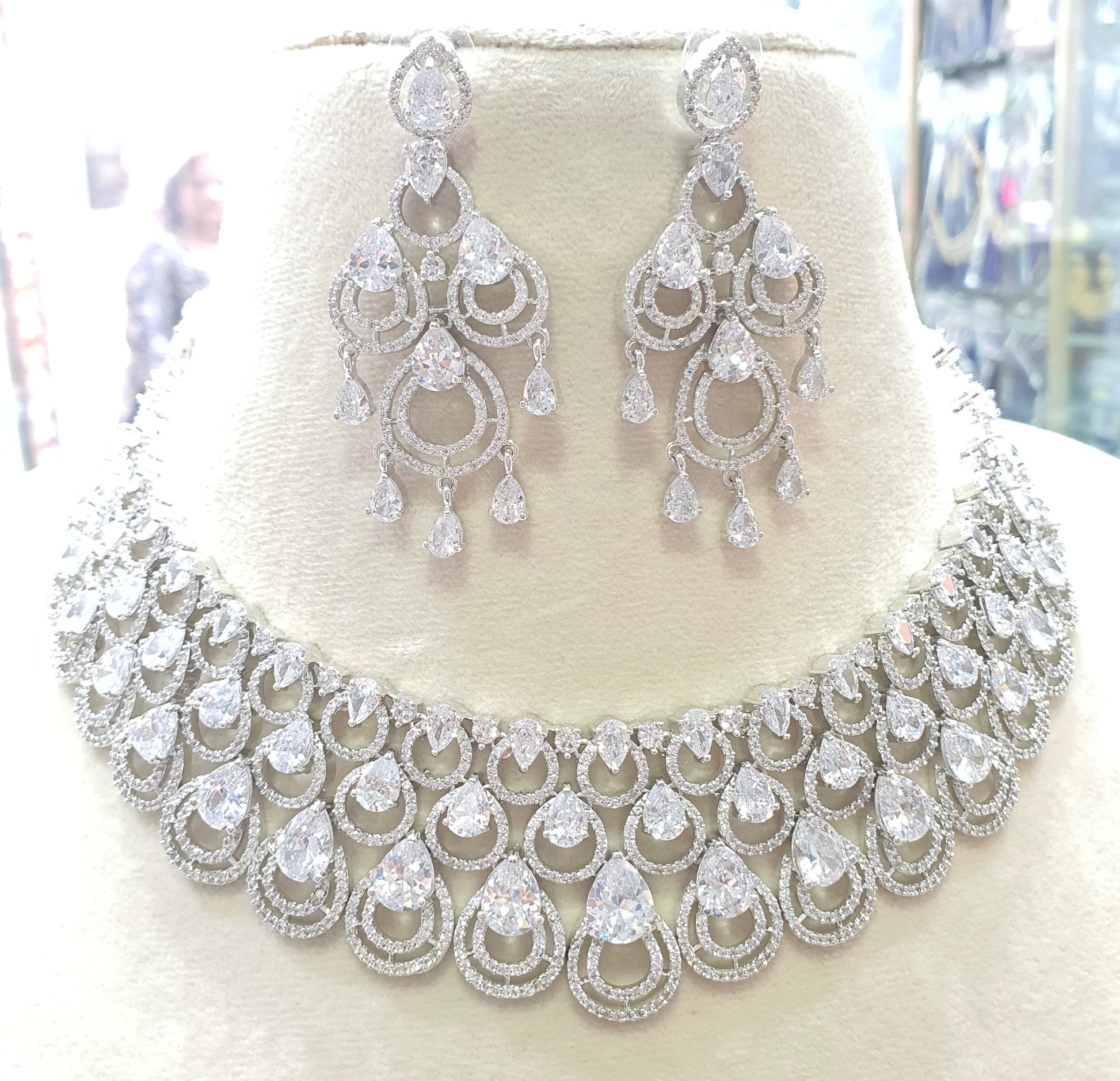 Beautiful AD Silver Necklace Set with Earrings-White