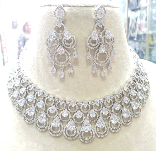 Beautiful AD Silver Necklace Set with Earrings-White