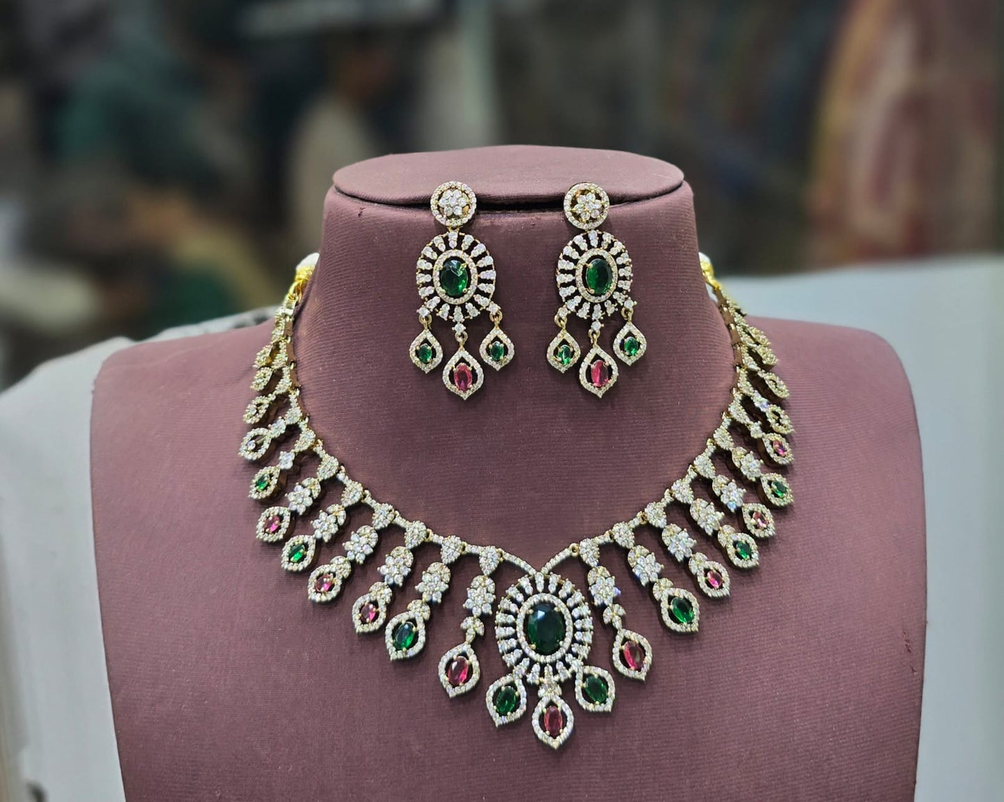 Elegant Victorian finish Cz Stone Choker Necklace with Earrings -1 Set