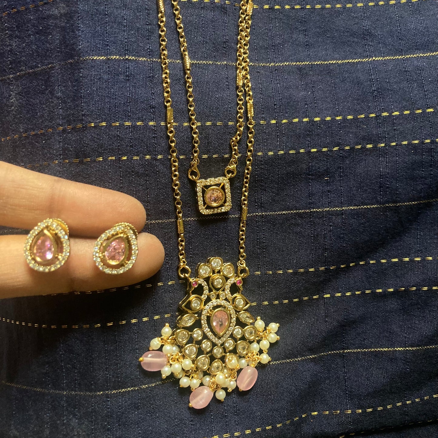 Premium Victorian Two Layered Necklace Set With Studs- Pink