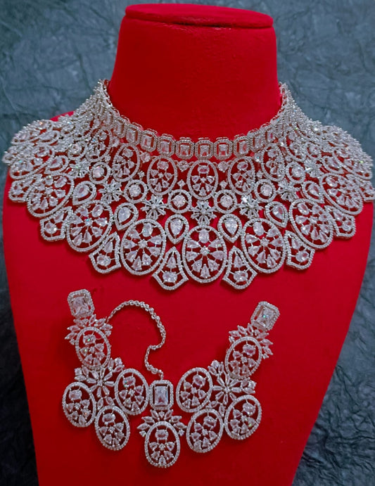 Luxury Bridal AD Stone Choker Silver White Necklace Set with Earrings and Tikka