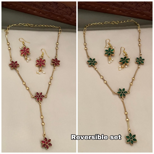Stylish Two in 1 Reversible Matte Finish Necklace with Hook Earrings -Flower Design