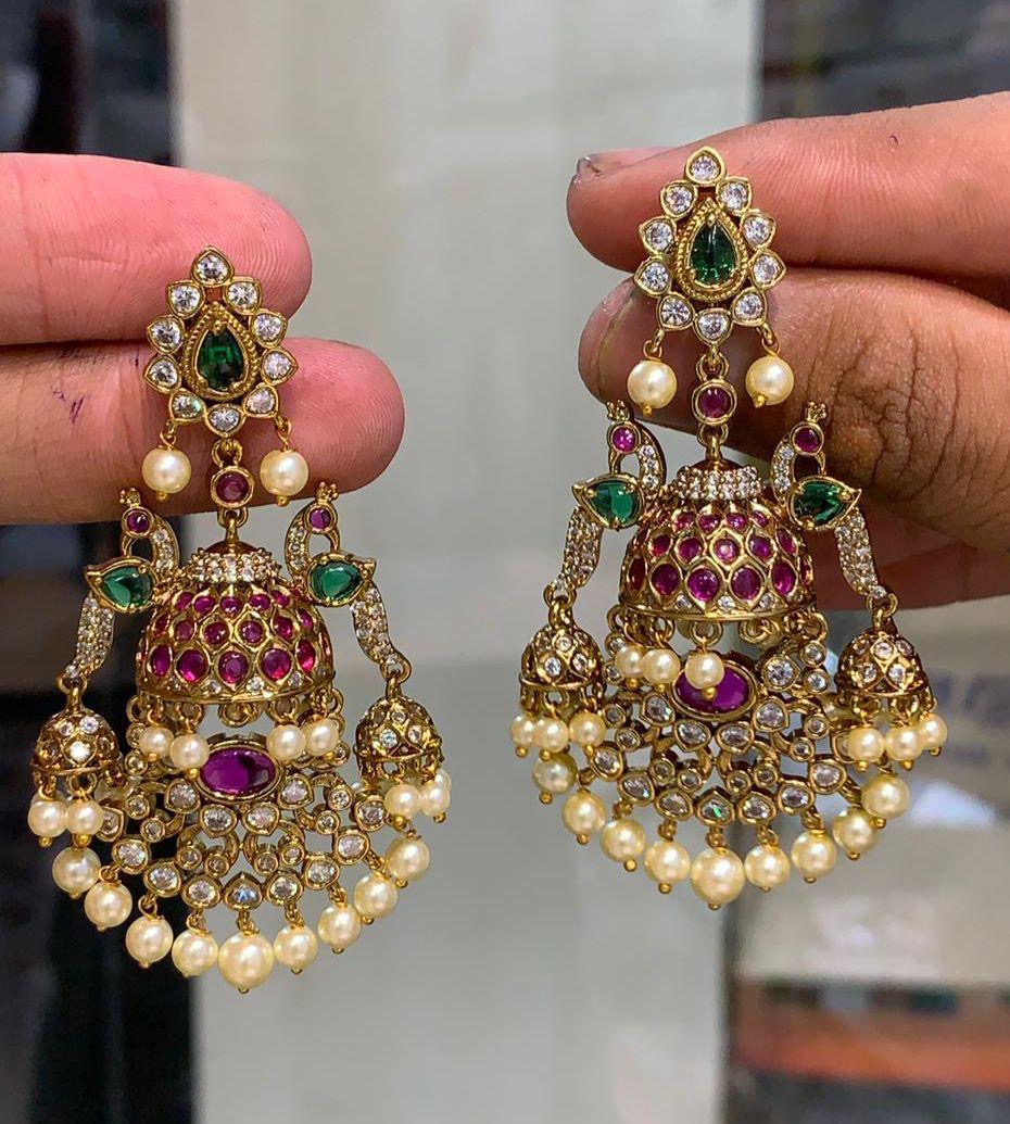 Premium Matte finish AD Stone Peacock Chandbali Jhumkas - Earrings