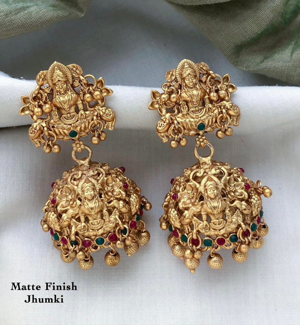 Matte Finish Jhumkas -Classy Temple Jewelry Lakshmi design Earrings – Zuccii