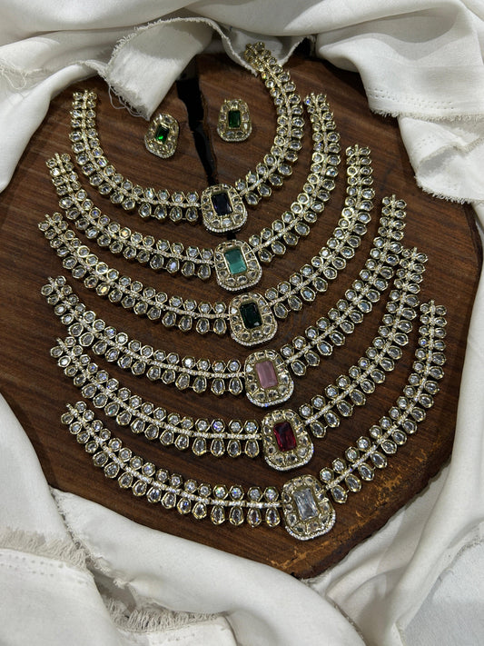 Trendy Minimalist CZ Stone Necklace With Stud Earrings -1set- Premium Antique Finish