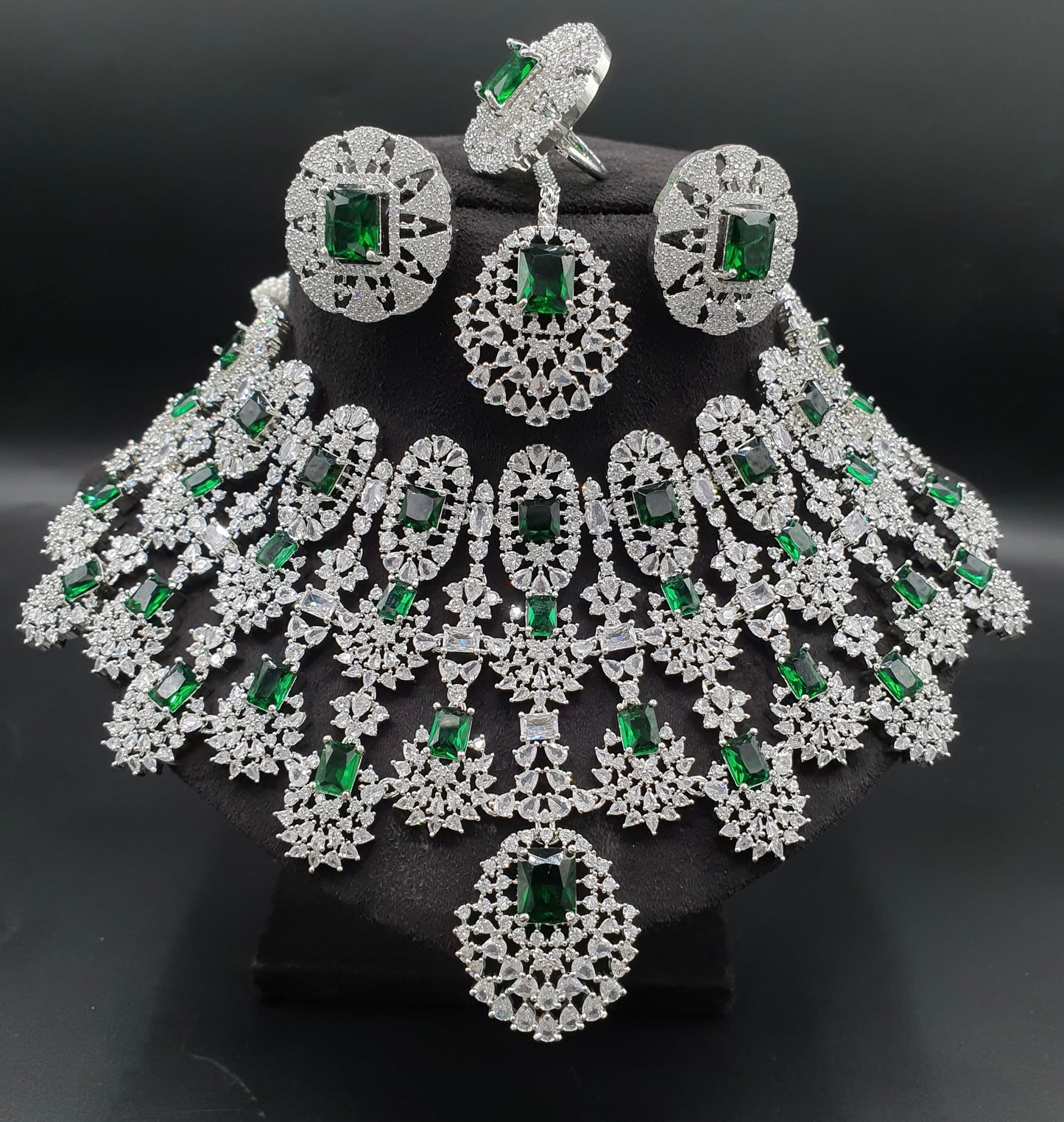 Beautiful Bridal American Diamond Choker Necklace Set with Stud Earrings, Tikka and Ring