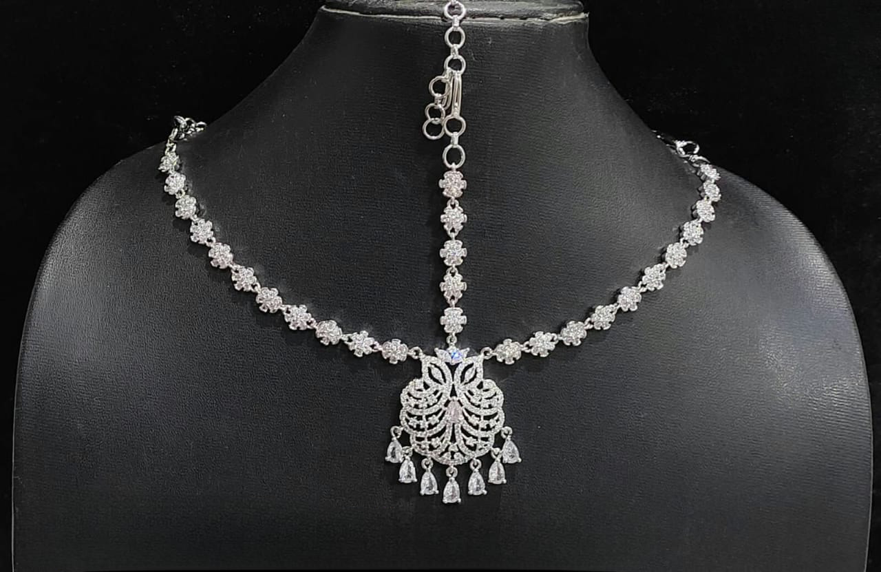 Beautiful Bridal Silver Finish AD Stone Mathpati Tikkas