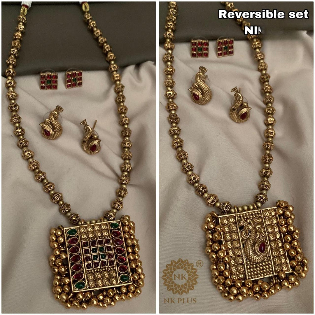 2-in-1 Reversible Antique Gold Square Pendant Necklace Set With Earrings - Peacock Motif