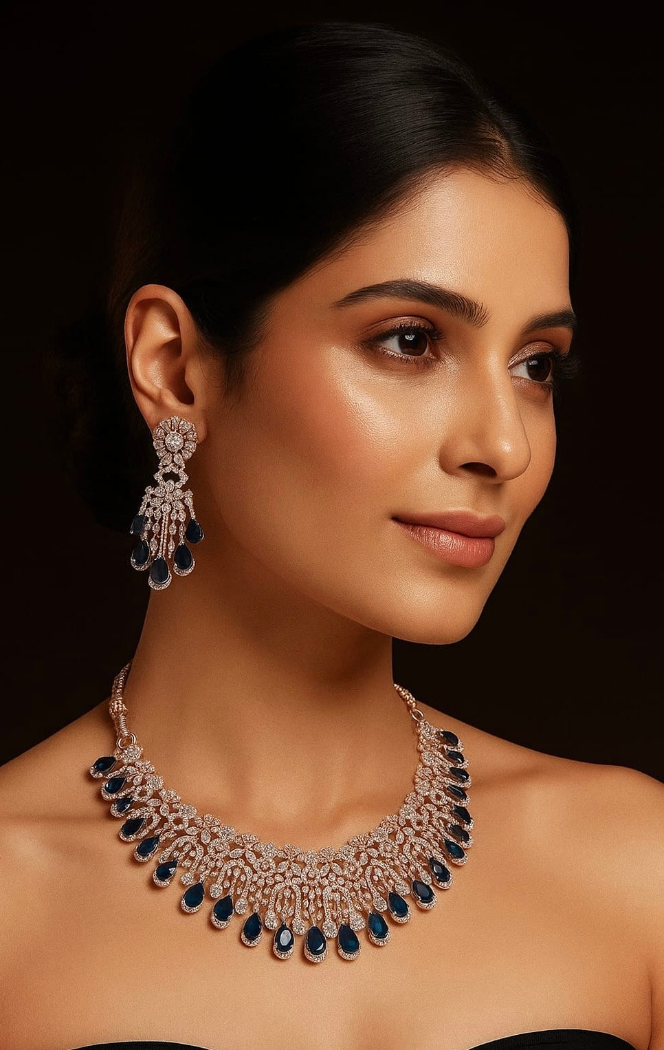 Amazing Two Layered CZ Stone Premium Silver Finish Necklace Set With Earrings - Mint, Blue, Pink, Green, DarkPink