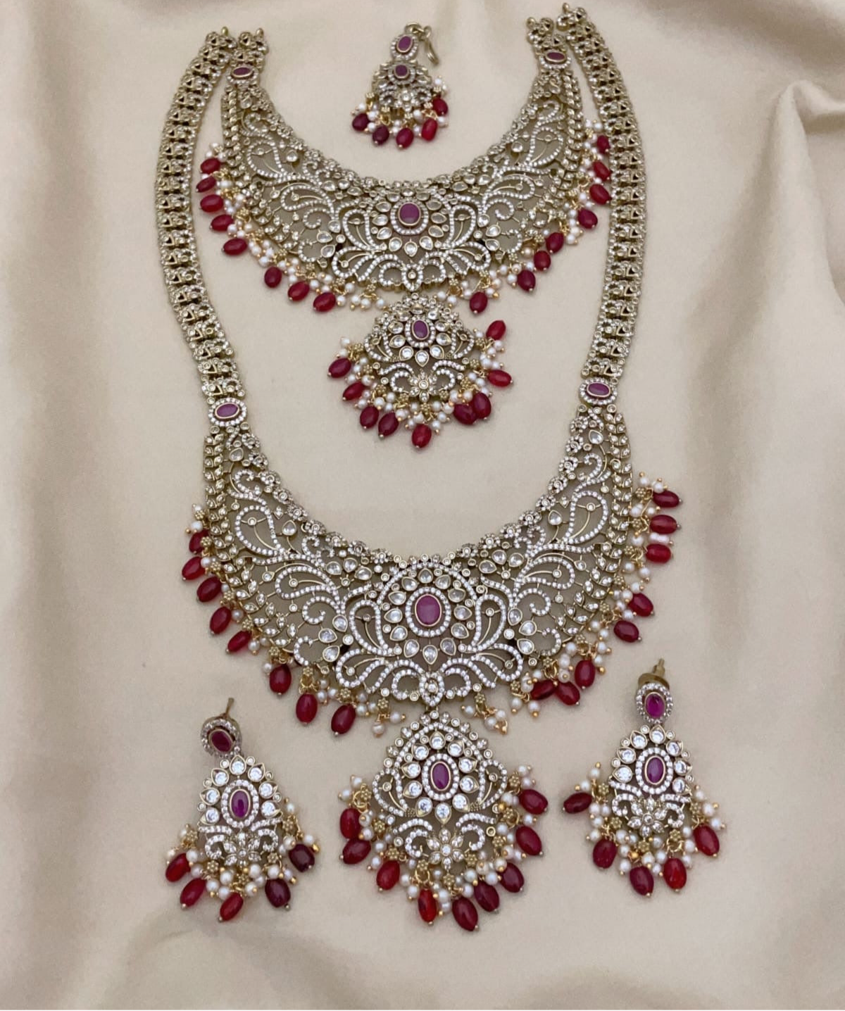 Elegant Premium CZ Stone Bridal Set With Earrings And Tikka