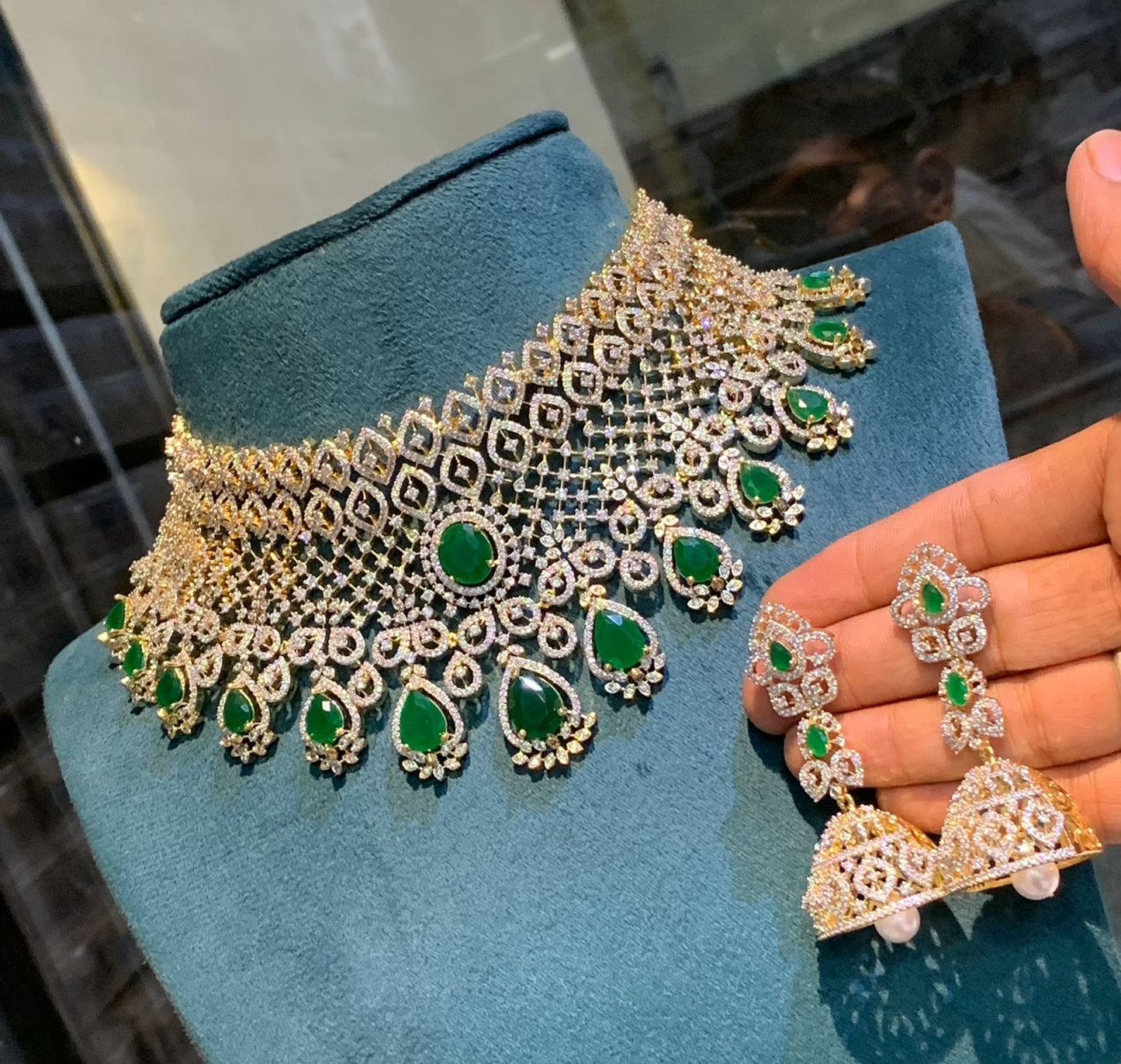 Trendy And Stylish GJ Polish CZ Stone Bridal Choker Necklace Set With Jhumkas Earrings