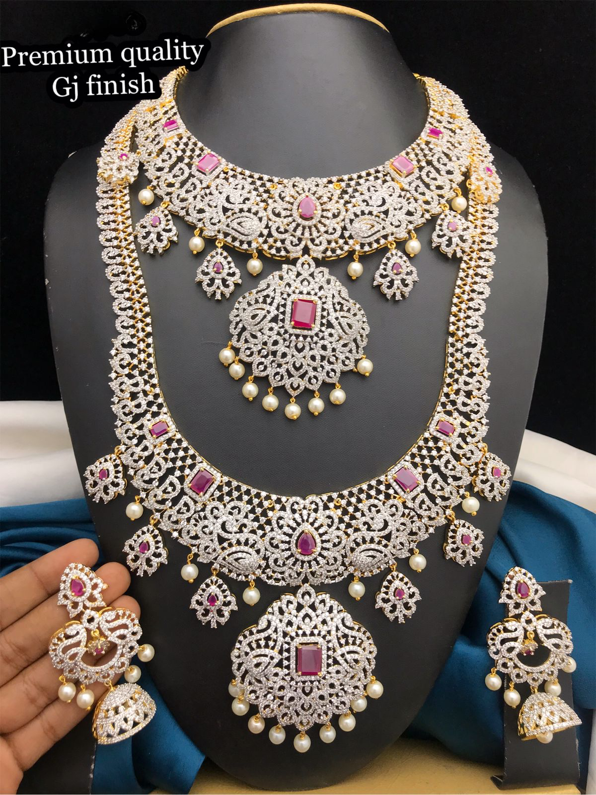 Beautiful Premium Quality GJ Polish CZ stone Bridal Set Haram Necklace Set with Earrings -Pink