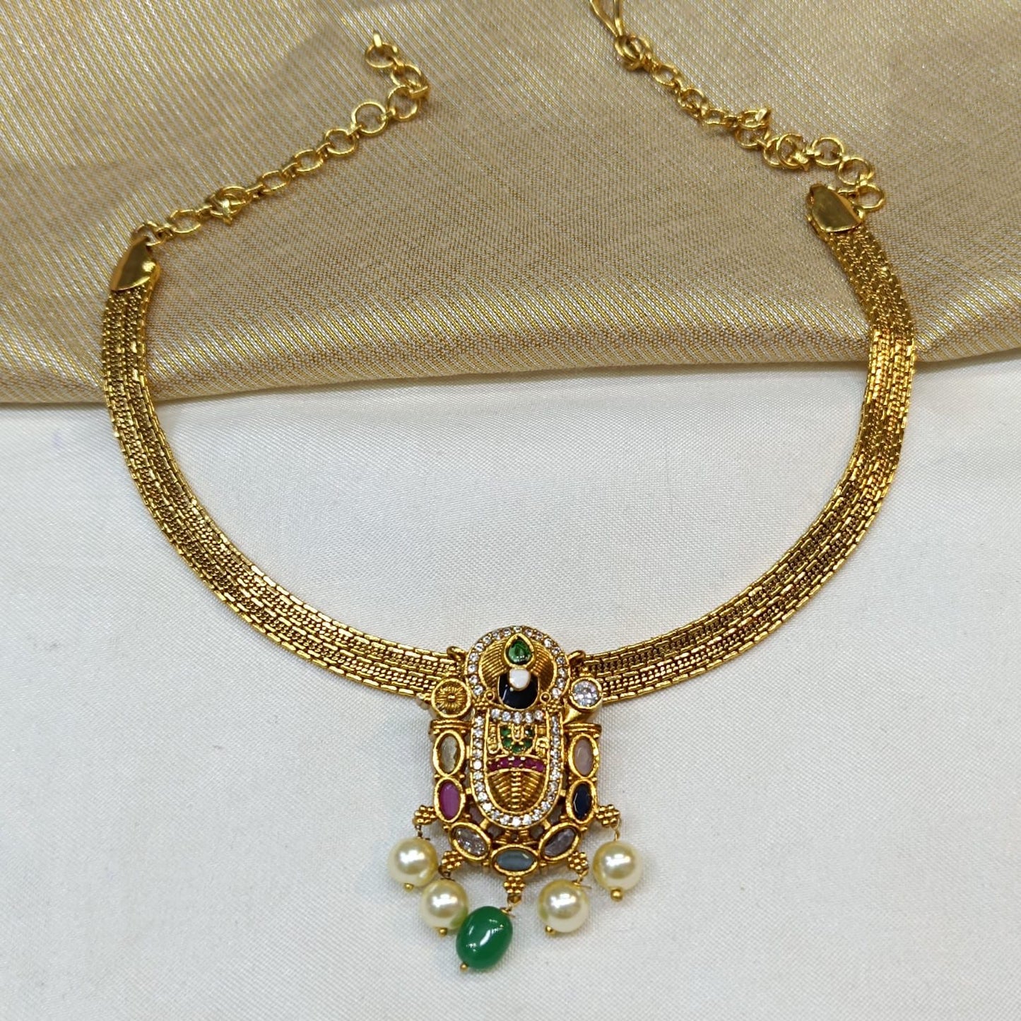 Premium Matte Antique Lord Balaji Navrathna Pendant -Temple Jewelry Necklace