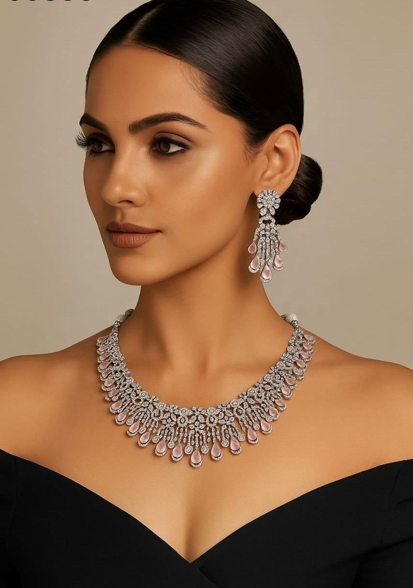 Amazing Two Layered CZ Stone Premium Silver Finish Necklace Set With Earrings - Mint, Blue, Pink, Green, DarkPink