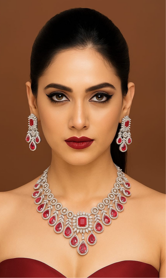 Bridal AD Stone Premium Silver Finish Necklace Set With Earrings -Red