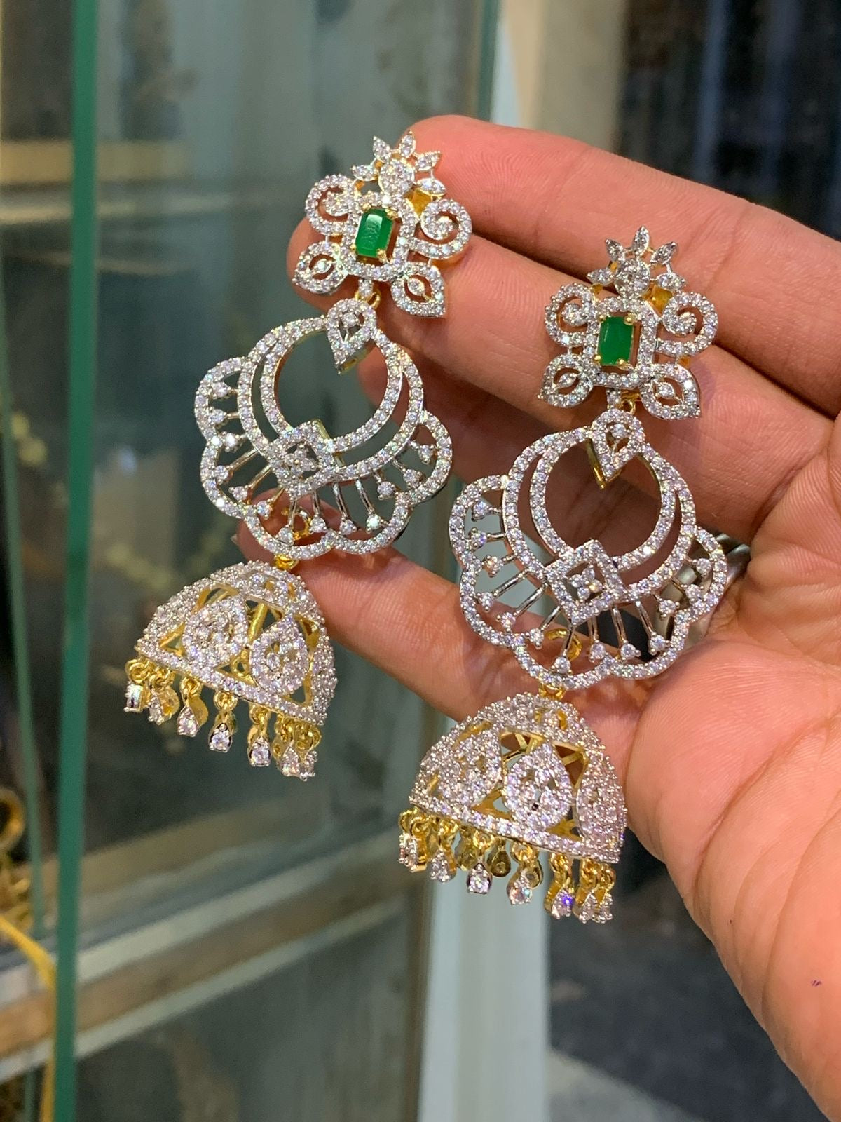 Elegant Cz stone GJ polish Chandbali Jhumkas- Premium Quality