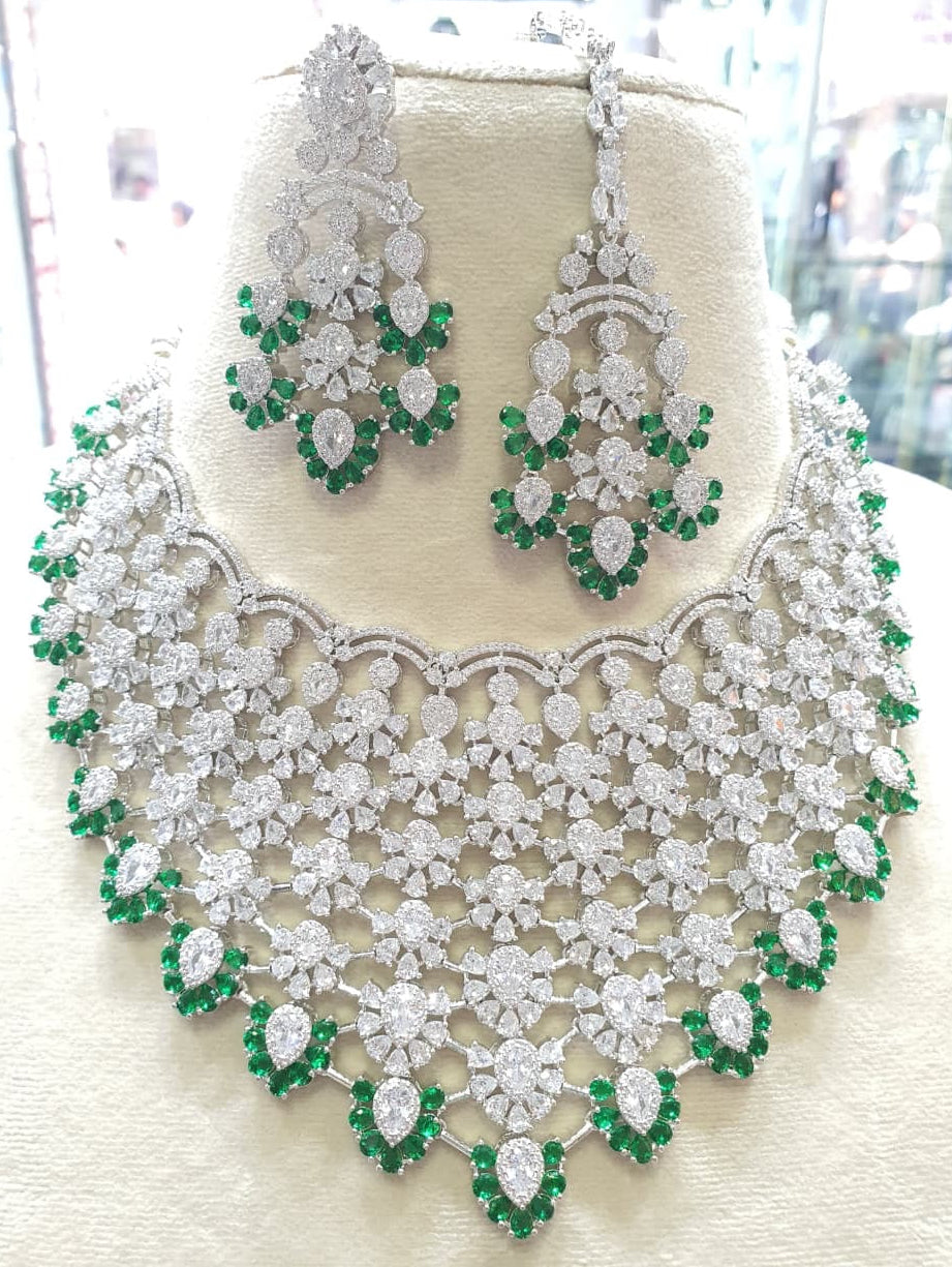 Elegant Premium Cz Bridal Necklace Set with Earrings and Tikka