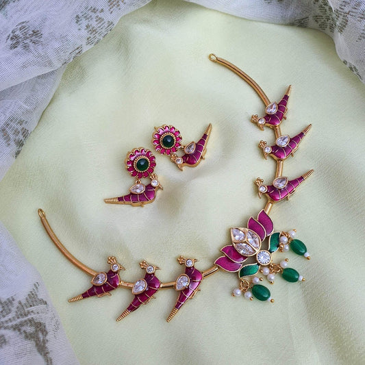 Latest Matte Antique Lotus Necklace Set With Kanti