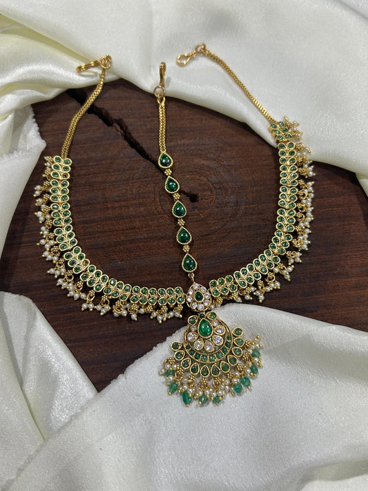 Beautiful Premium Bridal Mathpati Real Kemp Stone Tikkas