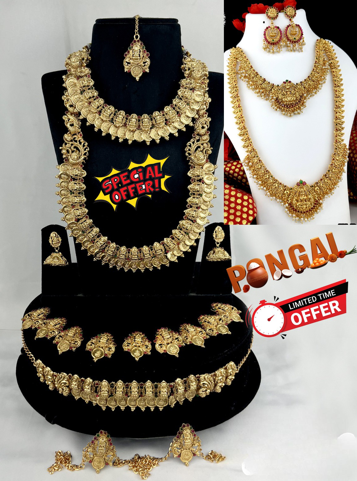 Trending Temple Jewelry Matte Finish Full Bridal Necklace Combo Set -Pongal Offer