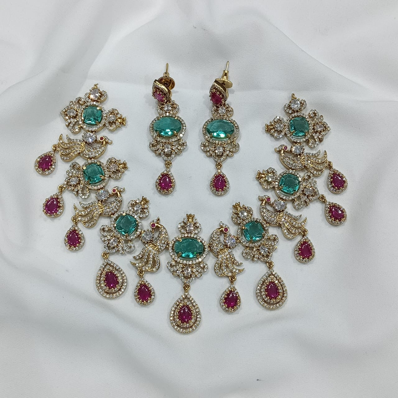 Exquisite Designer Diamond Replica Bridal Necklace Set-Red and Green