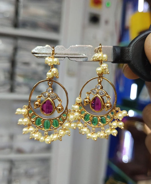 Latest Premium AD Stone Beaded Long Earrings-Gold Finish