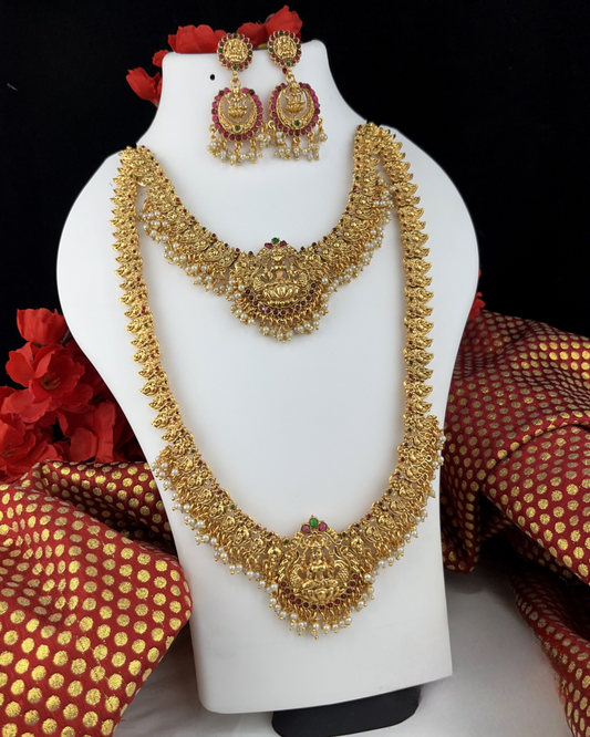 Designer Temple Jewelry Haram Necklace Set with Earrings Combo Lakshmi Design