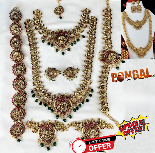 Beautiful Temple Jewelry Matte Finish Full Bridal Set Haram Necklace Set with Earrings Heavy Lakshmi Design-Pongal Offer