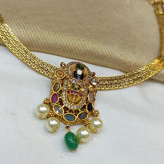 Premium Matte Antique Lord Balaji Navrathna Pendant -Temple Jewelry Necklace