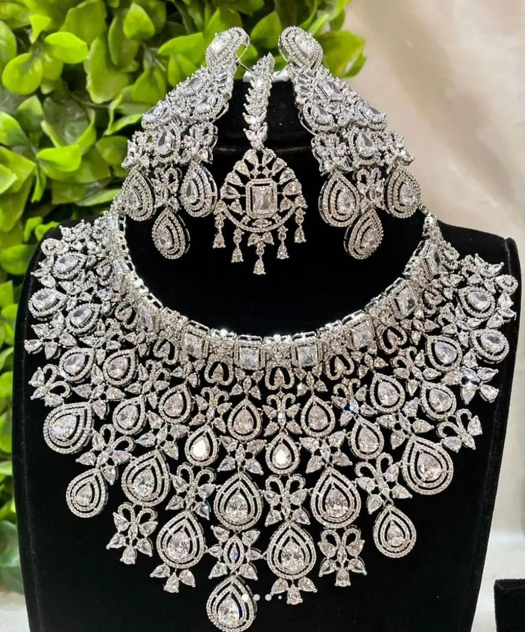Unique CZ Stone Bridal Choker Necklace with Earrings and Tikka -Silver and RoseGold polish
