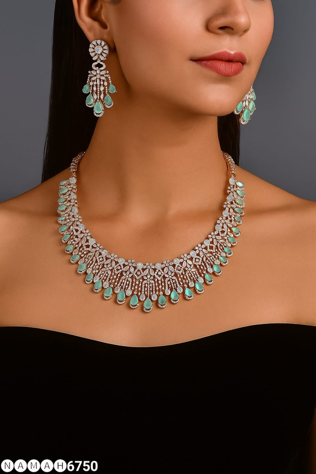 Amazing Two Layered CZ Stone Premium Silver Finish Necklace Set With Earrings - Mint, Blue, Pink, Green, DarkPink