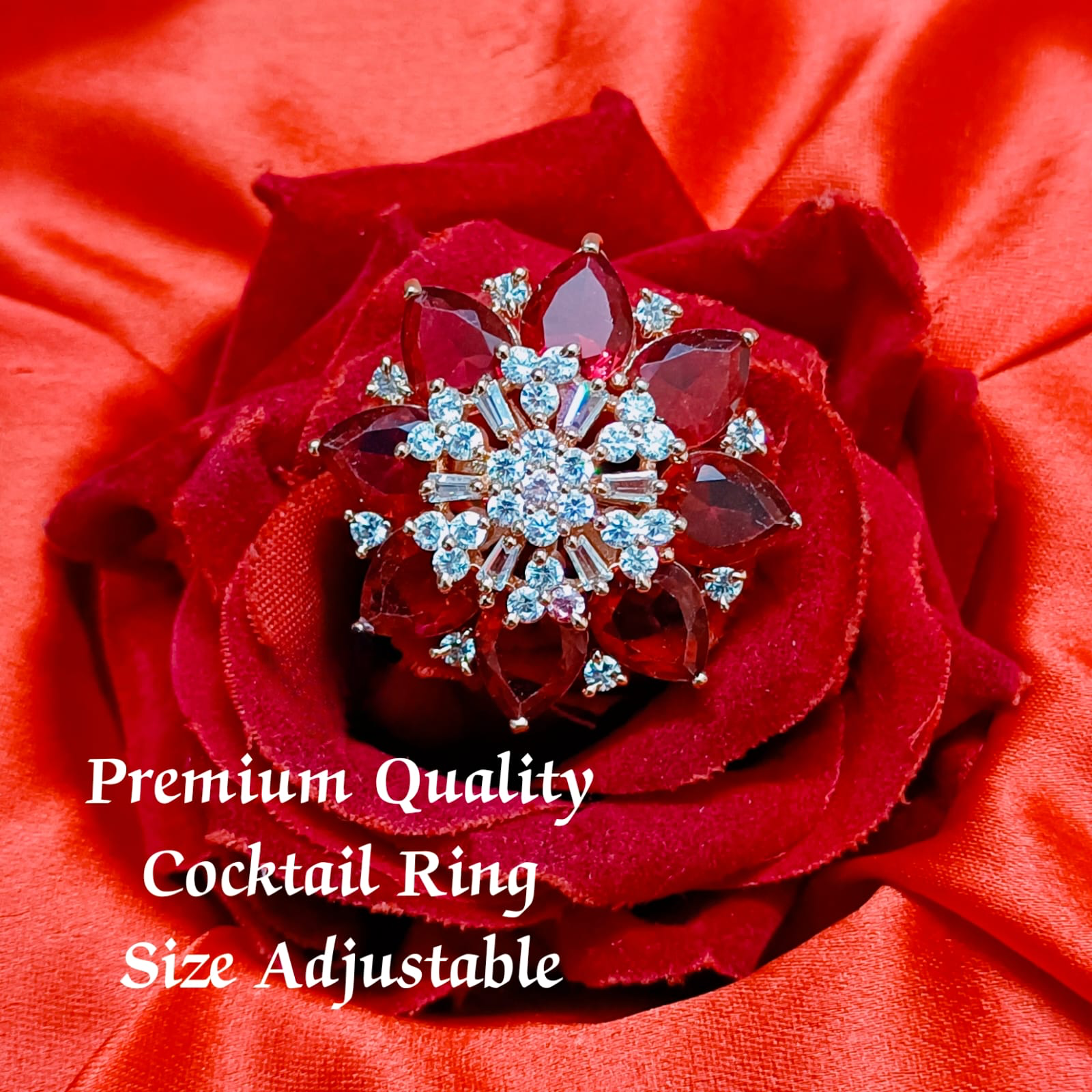 Partywear Adjustable Cocktail Rings Designer Premium quality American Diamond Jewelry-Rose Gold