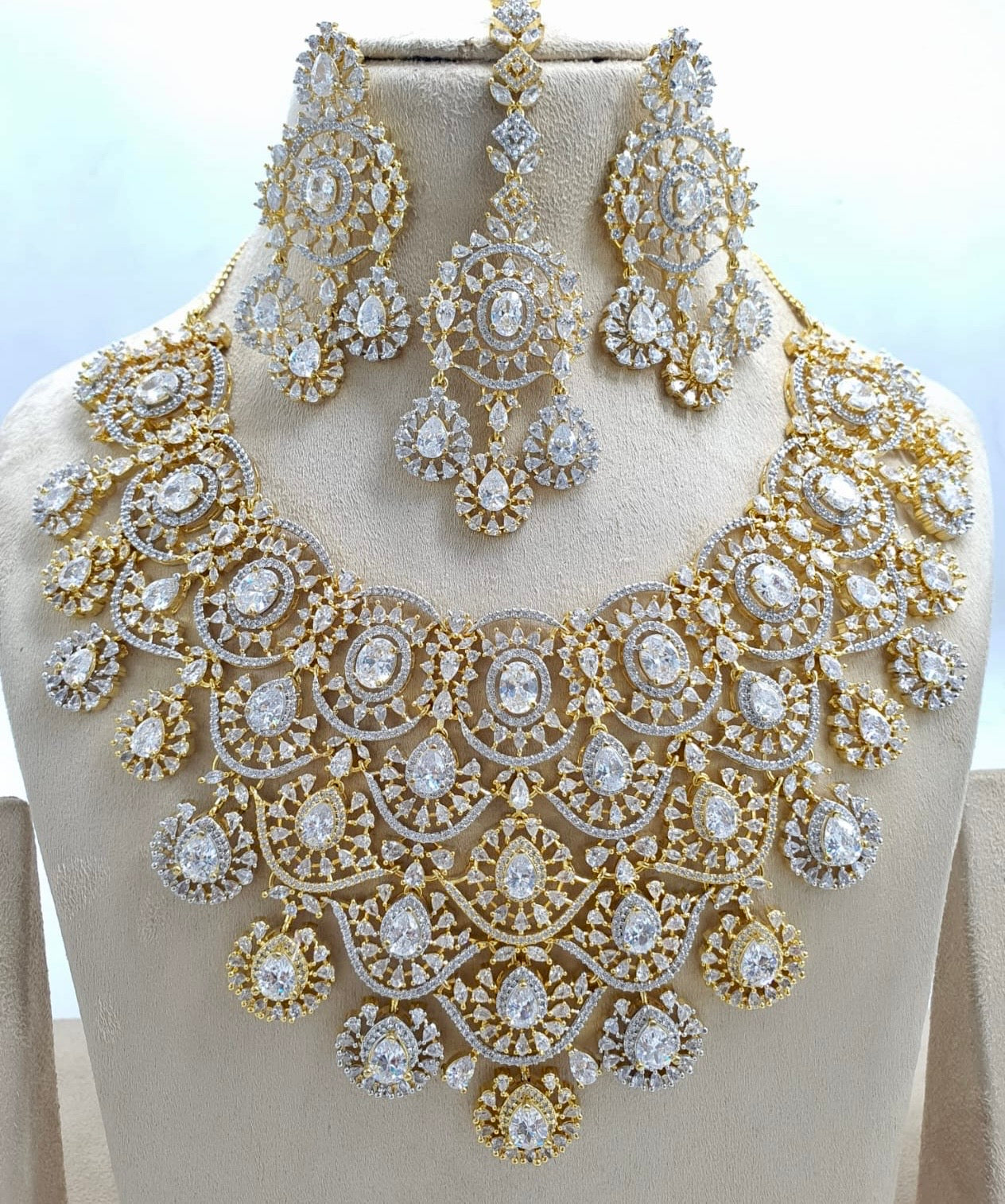 Elegant Cz Stone Bridal Necklace with Earrings, and Tikka -Premium Dual Tone
