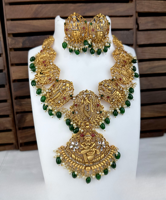 New Dhasavatar Temple Jewelry Medium Necklace Set with Earrings-Green