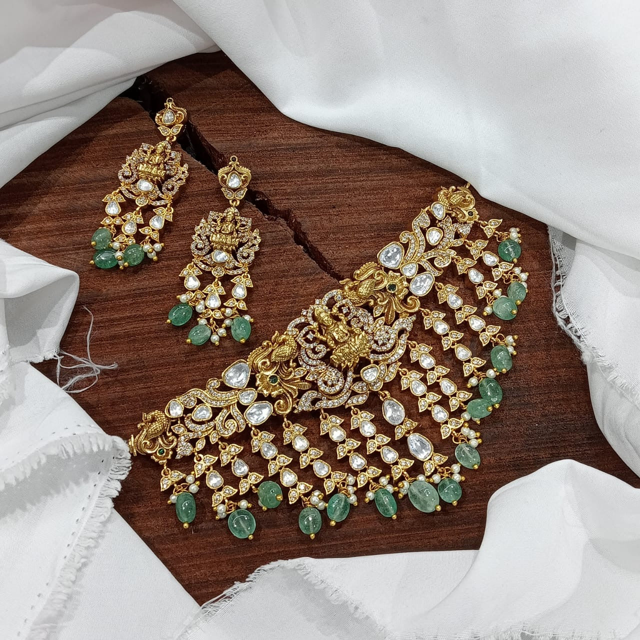 Exquisite Temple Jewelry Premium Finish Bridal Polki Choker Necklace With Earrings- Mint Beads