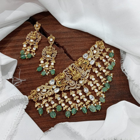 Exquisite Temple Jewelry Premium Finish Bridal Polki Choker Necklace With Earrings- Mint Beads