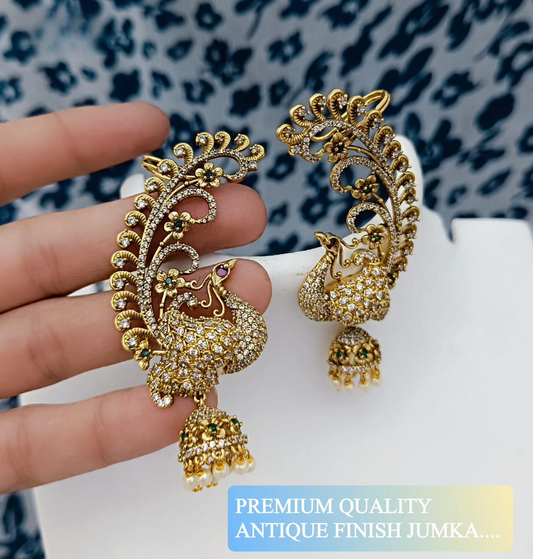 Antique Matte Finish Peacock Jhumkas -Classy and Stylish design Earrings with Earcuff