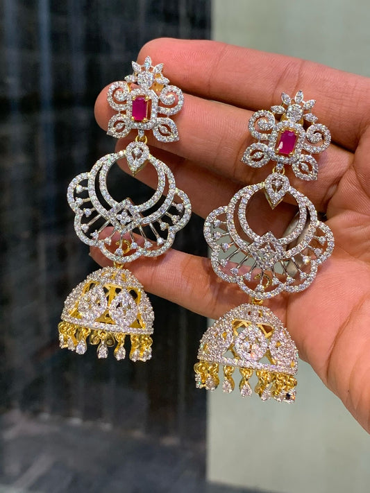 Elegant Cz stone GJ polish Chandbali Jhumkas- Premium Quality