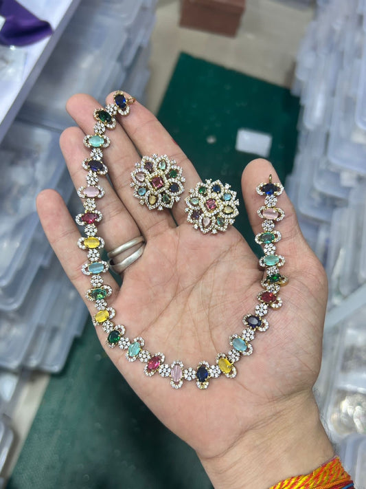Trendy And Classy AD Stone Premium Jewelry Necklace Set With Earrings- Multicolor