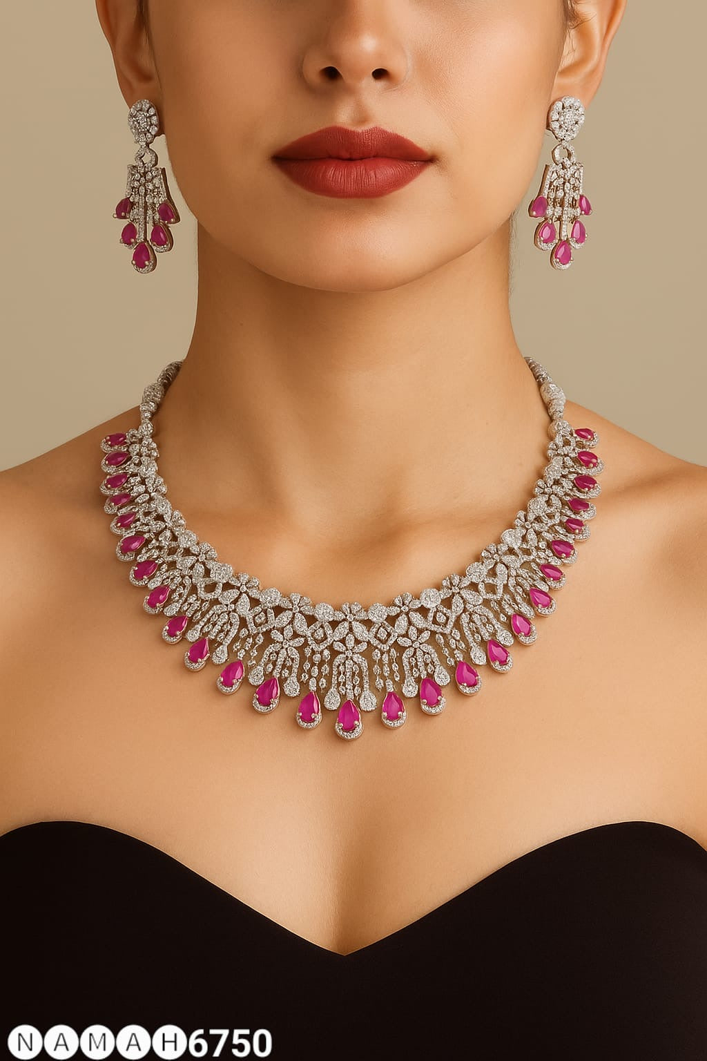 Amazing Two Layered CZ Stone Premium Silver Finish Necklace Set With Earrings - Mint, Blue, Pink, Green, DarkPink
