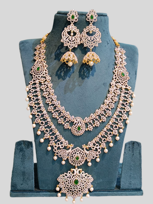 Grand GJ Polish Bridal Two Layer Long Necklace and Earrings -Featuring Peacock Motif