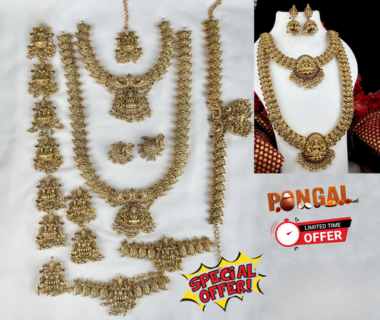 Latest Temple Jewelry Matte Full Bridal Set Haram Necklace Set with Earrings -Pongal Offer