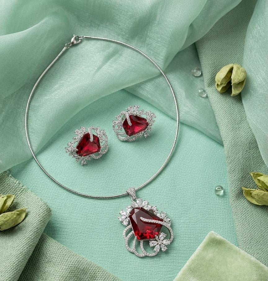 Premium Quality Silver Finish AD Pendant Necklace Set With Earrings