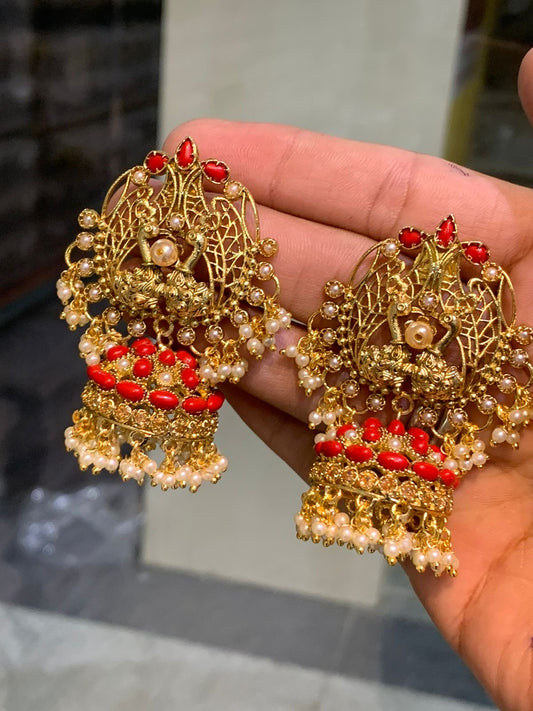 Premium Antique Bridal Jhumkas -Classy Peacock Motif Guttapushalu Earrings -Red