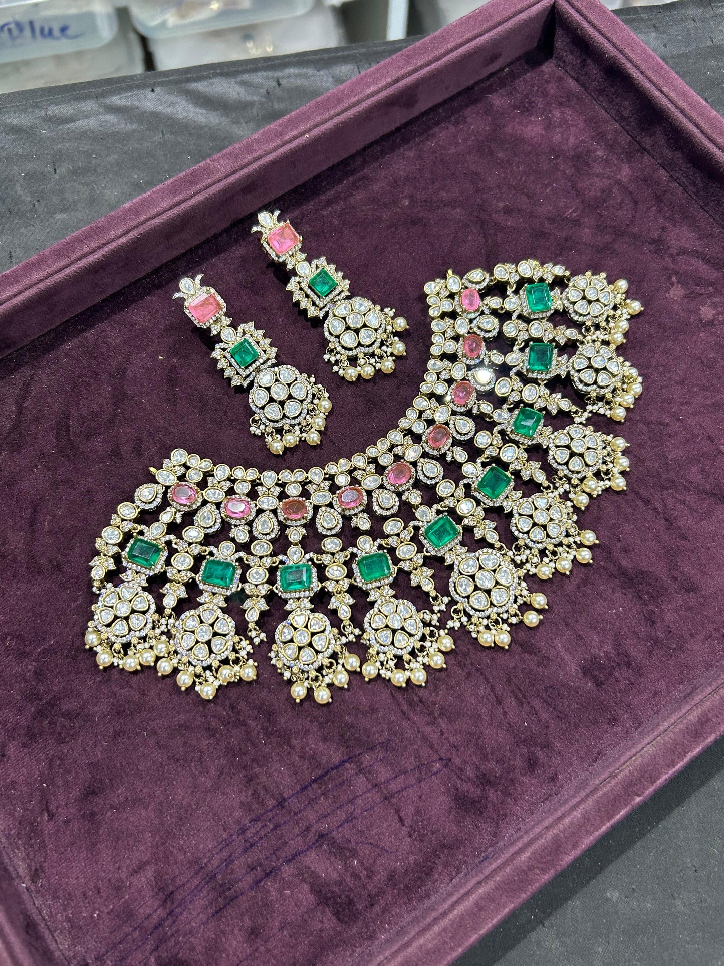 Exquisite Victorian Finish Moissanite Bridal Choker Necklace With Earrings- White, Pink, Green, Red