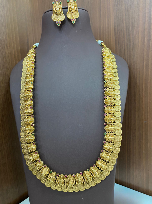 Premium Antique Finish Temple Jewelry Ganesha Kasu Necklace Earrings set