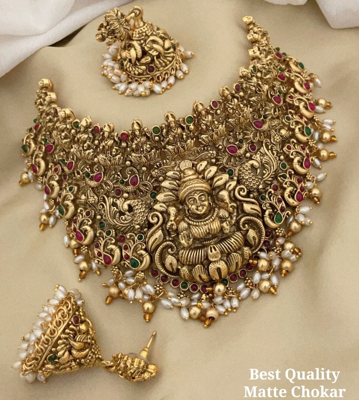Bridal and Partywear Lakshmi Choker Necklace set- Temple Jewelry Choker with Rice Beads